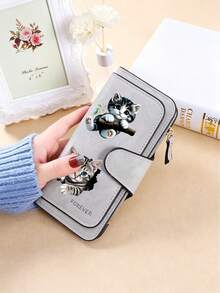 Gray Tabby Cat Design Retro Wallet, Two Fold Multi Zipper Separated Wallet, Coin Purse, Multiple Card Slots And Cash Compartments, Daily Commuting - Multicolor - View 5