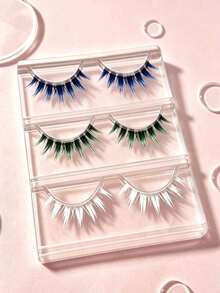 3 Pairs Colorful False Eyelashes Blue Green White Wispy Cosplay Party Strip Lashes Holiday Party Eyelashes - Multicolor - View 3