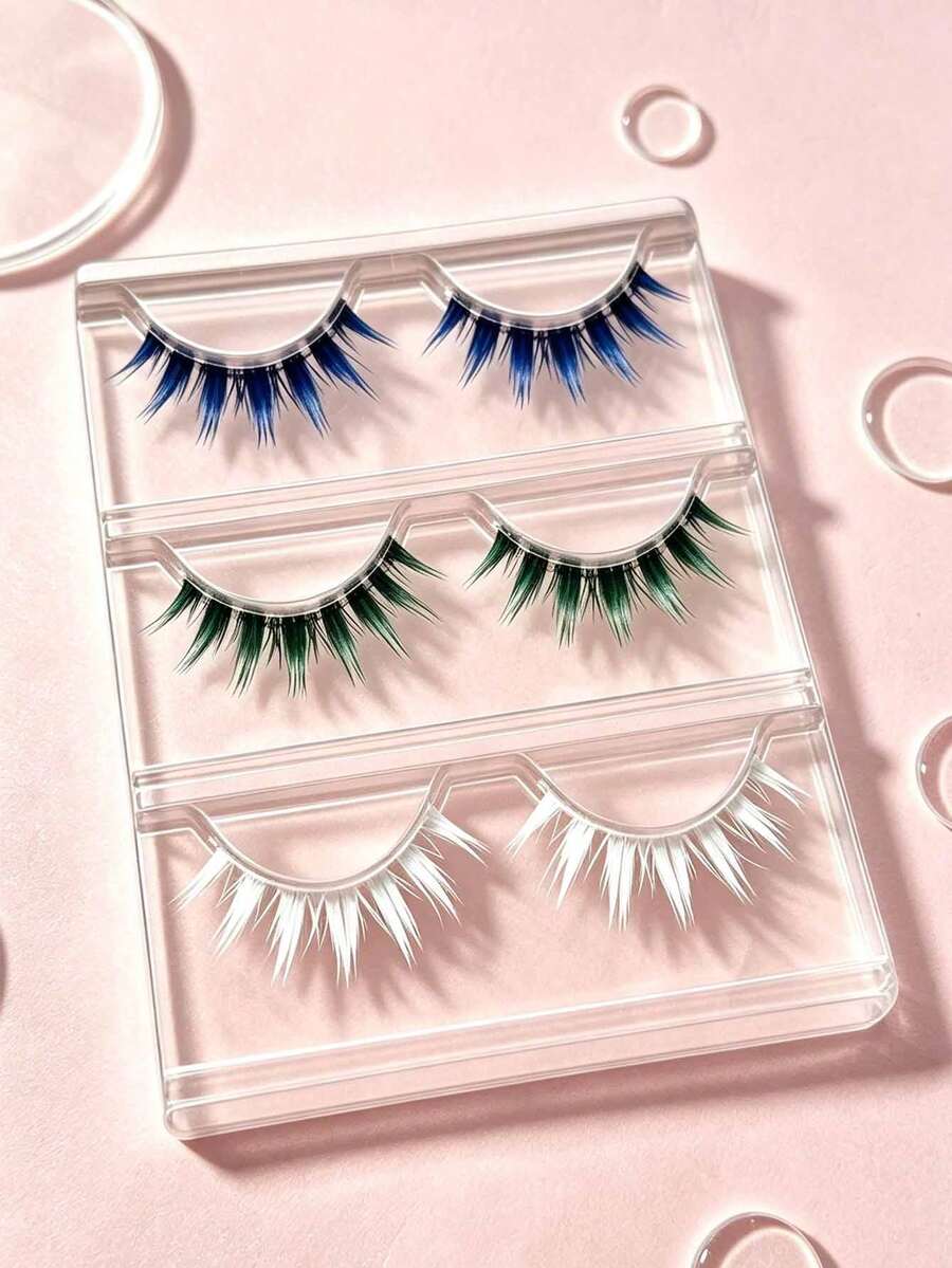 3 Pairs Colorful False Eyelashes Blue Green White Wispy Cosplay Party Strip Lashes Holiday Party Eyelashes - Multicolor - View 1