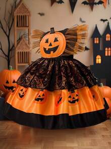 Baby Girls Flutter Sleeve Contrast Color Lace Mesh Pumpkin Pattern Cute Party Dress Suitable For Halloween, Headband Not Included - Multicolor - View 7