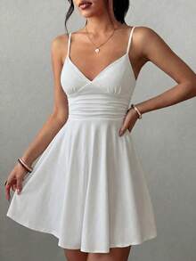 Sexy Fashion Versatile Daily Adjustable Spaghetti Strap Ruched Waist Ruffle Hem A-Line Mini Dress Spring Summer New Elegant White - White - View 5