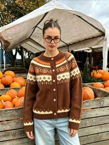 Autumn/Winter Halloween Pumpkin Pattern Knit Cardigan, Loose Fit Slimming Round Neck Button Sweater Jacket For Women - Multicolor - View 4