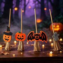 Halloween Christmas Mini Witch Broom Decor, Pumpkin Bat Ghost Miniature Broom, Suitable For Dollhouse Desktop Stationery DIY Scene Handmade Ornament - Halloween - View 1