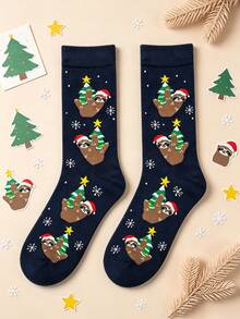 1 Pair Of Men Crew Sock, Christmas Sloth Xmas Tree Snowflake Pattern Socks, Soft Warm Fall Winter, Halloween Christmas Gift For Men & Women - Multicolor - View 8
