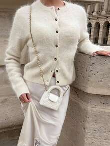 Live To Mo Women's White Crew Neck Cropped Knit Cardigan, Elegant Casual Long‑Sleeve Sweater Coat For Fall Winter Back To School & Business Daily Wear - Off White - View 5