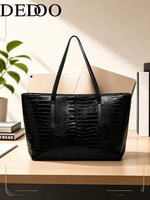 Dedoo Black Glossy Crocodile Embossed PU Tote Bag, Long Handles Open‑Top Large‑Capacity Laptop Shoulder Bag For Ladies Spring Autumn Office Commute - Black - View 3