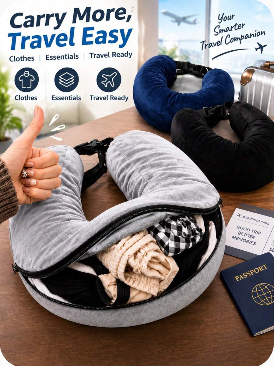Adjustable U-Shaped Travel Neck Pillow, Wide Comfortable Design, With Convenient Zipper, Portable, Suitable For Car, Train, Office And Airplane, Ideal For Long Flights, Travel Essential