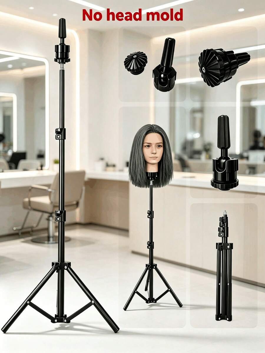 1.1m Adjustable Metal Tripod Wig Stand - A Tripod Stand For Mannequin Heads Used In Cosmetology And Hairdressing Training, As Well As For Wig Styling And Beauty Practice; Suitable For Salons And For Use By Apprentices And Beginners. - View 1