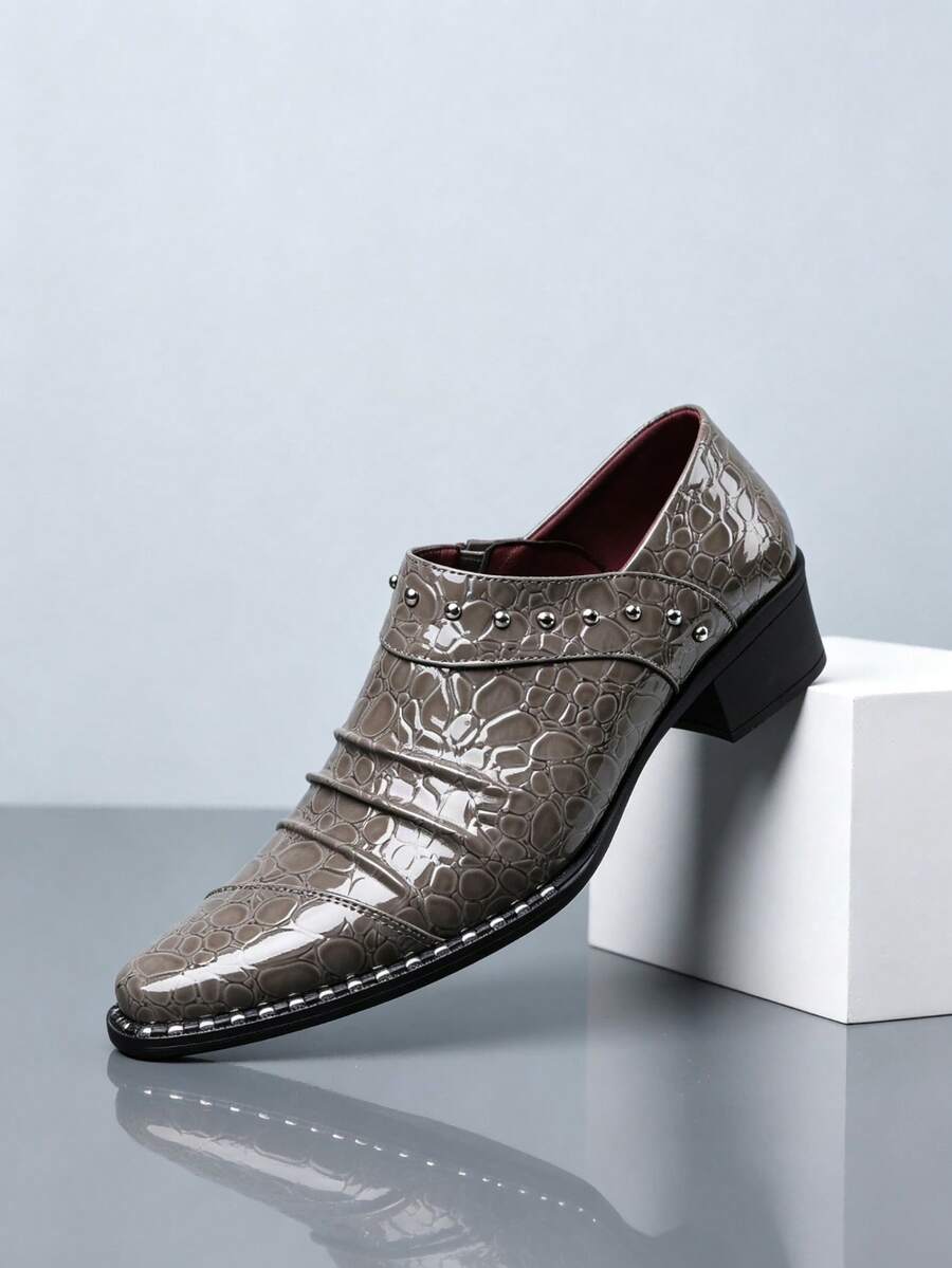 1 Pair Men's Pointed Toe Low-Top Rivet Crocodile Pattern PU Upper Rubber Sole Slip-On Comfortable Business Casual Shoes For Office And Daily Wear - Grey - View 1