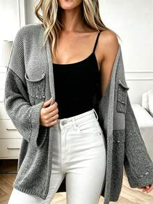 Plus Size Casual Fashion Colorblock Tie-Front Patchwork Pocket Long Sleeve Knit Cardigan - Grey - View 3