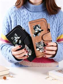 Gray Tabby Cat Design Retro Wallet, Two Fold Multi Zipper Separated Wallet, Coin Purse, Multiple Card Slots And Cash Compartments, Daily Commuting - Multicolor - View 3
