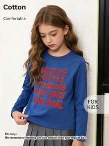 Tween Girl Raglan Long Sleeve T‑Shirt, Inspirational Hand‑Painted Letter Printed Cotton Top, Soft Comfortable Casual Tee - Blue - View 3