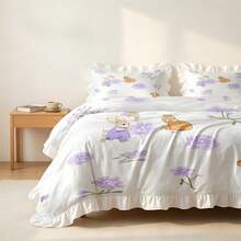2/3pcs Rabbit & Purple Flower Pattern Ruffled Duvet Cover Set, Set Includes 1 Duvet Cover + 1/2 Pillowcases, No Filling - Soft, Comfortable, Breathable Bedding, Suitable For All Seasons, Perfect For Creating A Cozy And Warm Bedroom, Guest Room, Ultra-Soft Breathable Moisture-Wicking Bedding - Multicolor - View 6