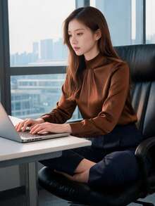 女款優雅黑色緞面襯衫，立領百褶長袖上衣，專業通勤顯瘦優雅緞面，適合辦公室或正式休閒場合，純色鈕扣，四季皆宜 - 咖啡棕 - 查看 5
