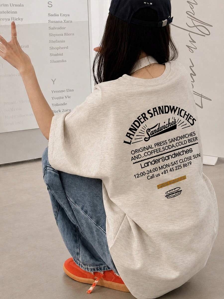 Women's Casual Round Neck Loose Fit Letter & Cartoon Food Print Short Sleeve T-Shirt, Japanese Style, Spring/Summer - Light Gray - View 1