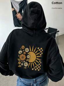 Oversized Women's Sweatshirt For Autumn And Winter, Long-Sleeve Hoodie With Pockets, Casual Top, Y2k Style, Daily Letter Slogan Graphic, Black Unisex - Black - View 2