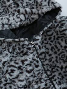 Children's Leopard Print Hooded Plush Jacket[Thickened Faux Fur]Boys & Girls Autumn/Winter Loose Zipper Faux Fur Coat - Black - View 7
