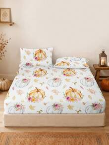 1pc Halloween Thanksgiving Leaf Pumpkin Print Fitted Sheet Only, Machine Washable Durable Bed Sheet, Autumn Holiday Bedroom Decor, Fits King/Queen/Full/Twin, Ideal For Home, Dorm, Apartment, Guest Room, Rentals And Gifts. - Multicolor - View 1