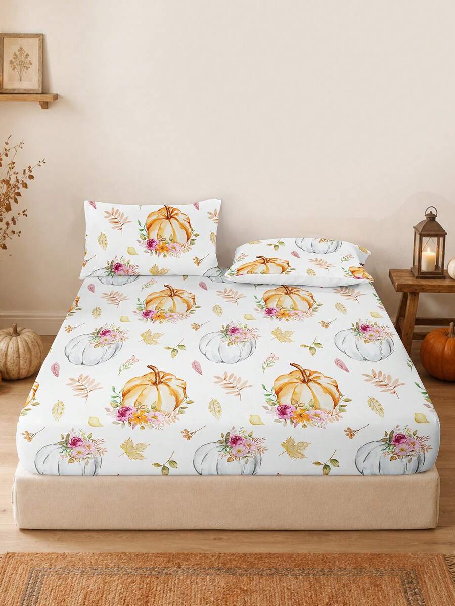 1pc Halloween Thanksgiving Leaf Pumpkin Print Fitted Sheet Only, Machine Washable Durable Bed Sheet, Autumn Holiday Bedroom Decor, Fits King/Queen/Full/Twin, Ideal For Home, Dorm, Apartment, Guest Room, Rentals And Gifts. - Multicolor - View 1