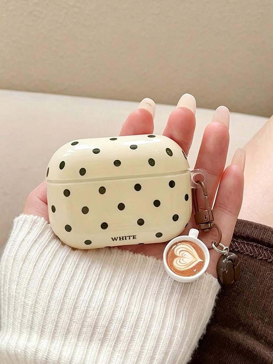 Ins Minimalist Coffee Bean Black Polka Dot Earbud Cover With Coffee Cup Charm Keychain, Aesthetic Protective Shell ForAirPods 4 /ForAirPods 5 /ForAirPods Pro /ForAirPods 3 /ForAirPods 1/2 - Multicolor - View 1