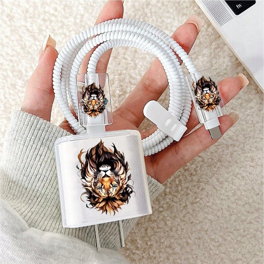 5PCS TPU Soft Protective Case Compatible With Iphone 18W/20W Charger, Anti-Fall Anti-Scratch Fierce Animal Lion King Pattern, Apple Type-C Interface Protector, Cable Wrap Fast Charging Head Data Cable Protective Sleeve Anti-Breakage Phone Accessories Decoration, Ideal Holiday Gift For Friends And Family - Painted Lion King - View 1