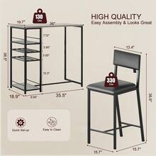 Space-Saving Industrial Dining Table Set For 2 – Upholstered Chairs, Metal Frame, Open Storage Shelves, Integrated Glass Holder – Counter Height For Restaurants, Cafés, Small Apartments - Grey - View 5