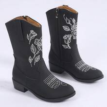 Black Rose Embroidered Kids Boots, Cool & Stylish Vintage Fashion Versatile Lightweight Soft Sole Anti-Slip - Black - View 1
