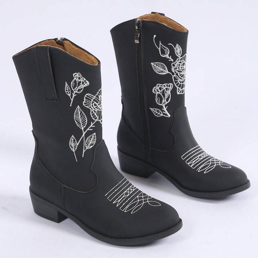 Black Rose Embroidered Kids Boots, Cool & Stylish Vintage Fashion Versatile Lightweight Soft Sole Anti-Slip - Black - View 1