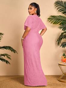 BIUBIU Women's Pink Plus Size Long Dress, Featuring A Flattering V-Neck And Batwing Short Sleeves With Ruched And Split Details, Fitted Knitted Fabric - Watermelon Pink - View 2