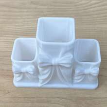1pc Cream White Bow Makeup Storage Box, 3D Embossed Bow Design, Suitable For Makeup Brushes, Lipsticks, Eyebrow Pencils, Bedroom Vanity, Holiday Gift - Multicolor - View 3