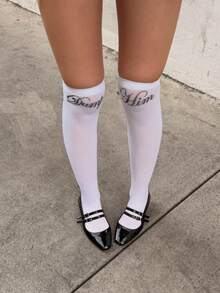 Y2K Street Style Handwritten Letter Print Sheer Thigh-High Socks, Side Contrast Color Line See-Through Over-The-Knee Socks, Suitable For High Heels And Mini Skirts - White - View 4