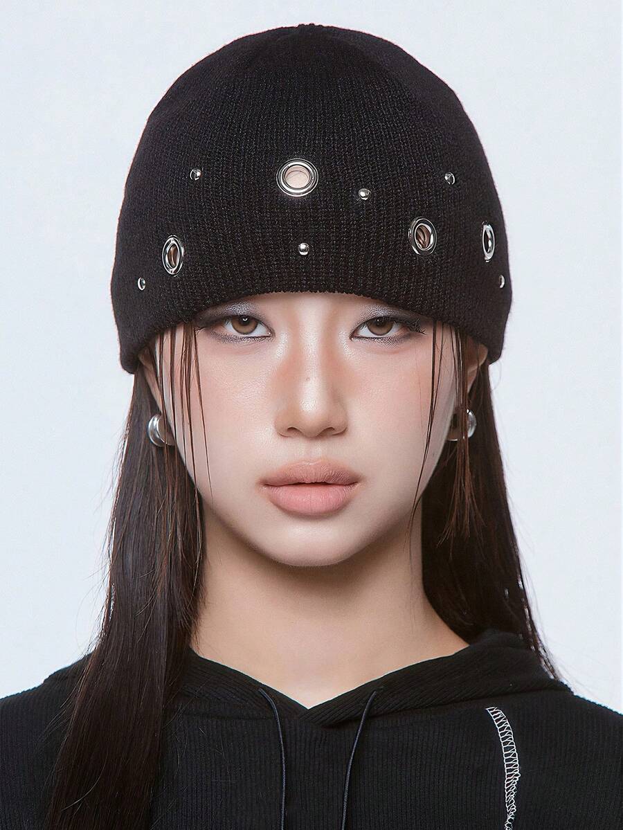 1 chiếc mũ len beanie phong cách punk, đan kim, đính khoen kim loại, trang trí đinh tán cá tính, mũ trùm đầu streetwear đa năng - màu đen - Xem 1
