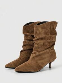 Women's Autumn/Winter Brown Slouch Mid-Calf Boots, Pointed Toe Kitten Heel Ruched Slip-On Fashion Boots, Minimalist Elegant French Vintage Style, Suitable For Daily Commute, Dating And Party - Brown - View 3