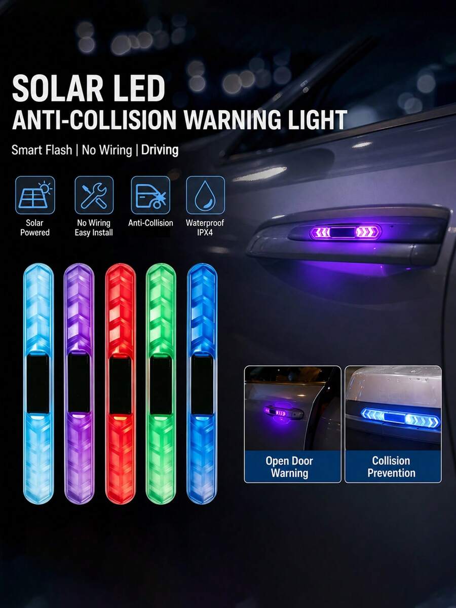 2 buah Lampu LED Pelindung Tepi Pintu Mobil Bertenaga Surya, Strip Lampu LED Warna-warni, Anti-Benturan, Lampu Dekorasi Mobil dan Motor, 55mAh