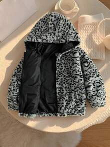 Children's Leopard Print Hooded Plush Jacket[Thickened Faux Fur]Boys & Girls Autumn/Winter Loose Zipper Faux Fur Coat - Black - View 5