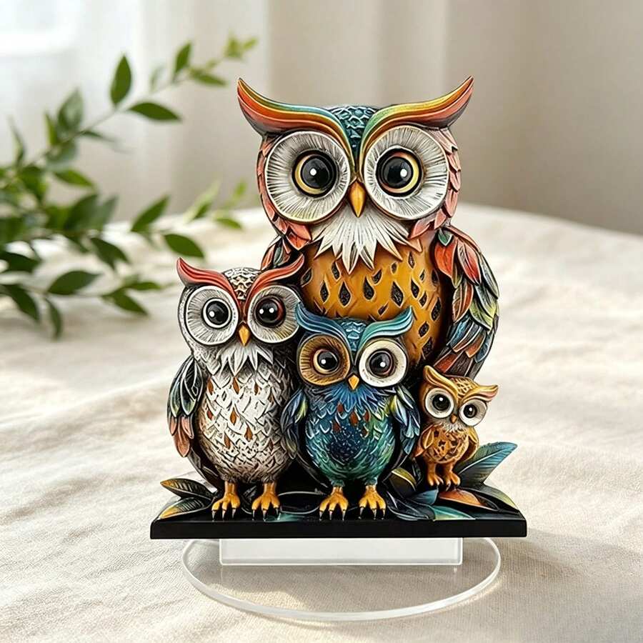 2D Flat Acrylic White & Gold Owl Figurine, New Style Home Bedroom Desktop Decor, Bohemian Style, Suitable For Home And Living Room Holiday Decoration, Great Gift - Ornament - View 1
