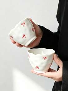 1/2pcs Red Bow Ceramic Tea Cups, Wavy Ruched Texture Coffee Mugs, Cute Girl Style Handheld Cups, Small Ceramic Tea Cups For Home, Gift For Friends - Multicolor - View 5
