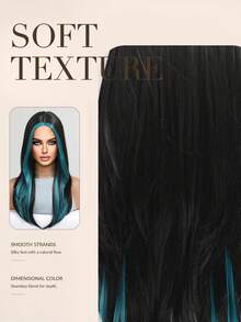 22 Inch Black With Peacock Blue Face-Framing Highlight High-Layered Synthetic Wig, Middle Part Straight Mid-Length, Suitable For Halloween, Cosplay, Daily Party - Multicolor - View 5