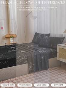 4-Piece Black Marble Pattern Bedding Set, 1 Fitted Sheet + 1 Flat Sheet + 2 Pillowcases, Mattress Protector Set (Pillow Inserts Not Included), Fits King/Queen/Full/Twin Sizes, Deep Pocket Fitted Sheet Up To 11.8 Inches - Black - View 9