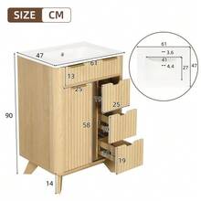 61 Cm Freestanding Bathroom Cabinet With Decorative Wave Design, Warm Natural Wood Tone, 3 Drawers And Sliding Door With Shelf – Faucet Not Included - Natural Color - View 5
