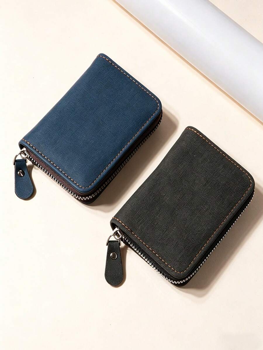 Dompet Kartu Minimalis Retro Matte Unisex dengan Resleting, Dompet SIM Kapasitas Besar dengan Banyak Slot, Dompet Koin Pendek Portabel Baru untuk Pria - MultiWarna - View 1