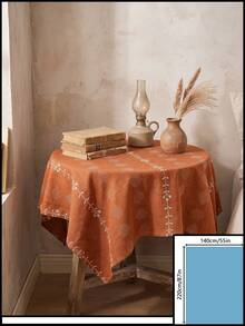 1pc Orange-Red Background White Flower Geometric Embroidered Tablecloth, Vintage Pastoral Style Fabric Material, Round Floral Vine Embroidery Detail Decoration, Home Use Round Tablecloth Suitable For Daily Home And Vintage Dining Table Arrangement - Orange - View 20