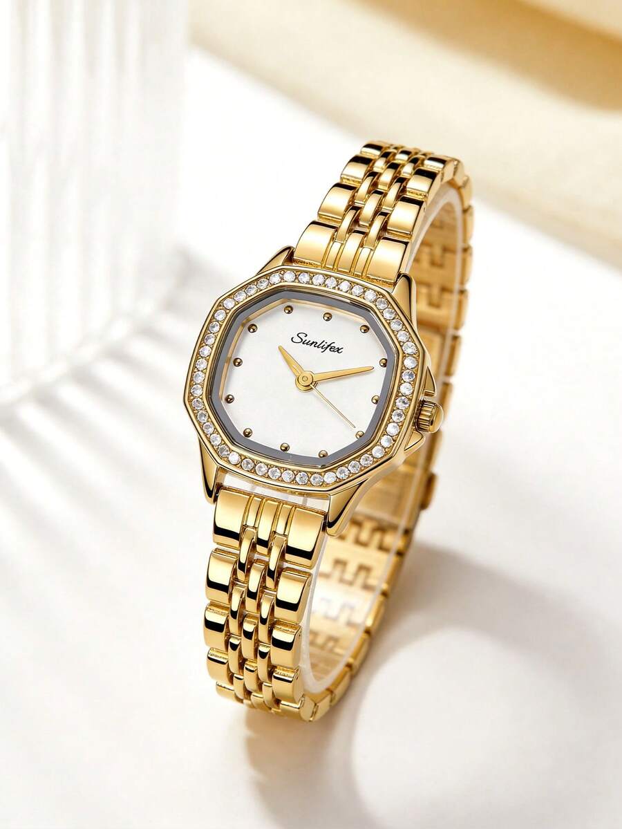 1pc Ladies' Octagonal Retro Quartz Watch, Gold Alloy Case With Rhinestone Bezel, Elegant Gold Alloy Strap, Suitable For Daily Wear And Gift Giving - White - View 1