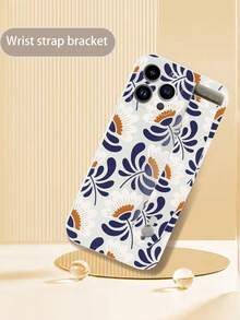 1pc White TPU Vintage Navy Blue Hand-Painted Floral Pattern Full Coverage Anti-Drop Phone Case And 1pc White Vintage Navy Blue Hand-Painted Floral Pattern Wrist Strap, Suitable For Versatile Phone Case/Lanyard Phone Case/Interesting Phone Case/Android Phone Case - Multicolor - View 4