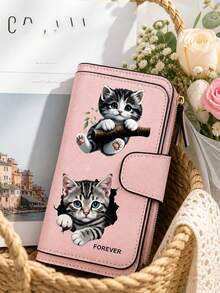 Gray Tabby Cat Design Retro Wallet, Two Fold Multi Zipper Separated Wallet, Coin Purse, Multiple Card Slots And Cash Compartments, Daily Commuting - Multicolor - View 2