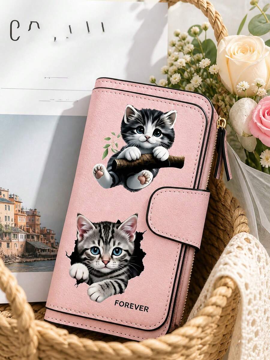 Gray Tabby Cat Design Retro Wallet, Two Fold Multi Zipper Separated Wallet, Coin Purse, Multiple Card Slots And Cash Compartments, Daily Commuting