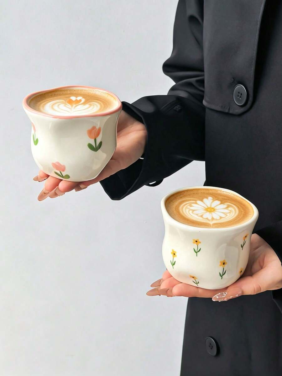 1pc Ins Style Cute Girly Ceramic Coffee Cup, Hand-Pinch Exquisite Asymmetrical Ceramic Mug, Hand-Painted Small Flower & Bow & Heart Pattern Tea Cup, Minimalist Aesthetic Espresso Cup, Beautiful Birthday Gift