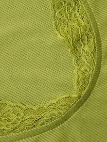 minisummer Women Elegant Fall Lace V Neck Long Sleeve Top, Ribbed Slim Fit Flared Cuff Shirt, Fall Clothes For Women - Green - View 4