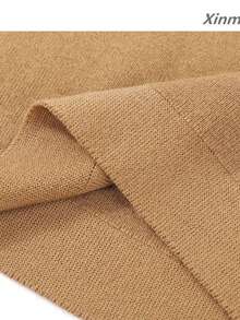 French Vintage Coffee Brown Round Neck Regular Shoulder Slim Fit Flattering Knit Short Sleeve T-Shirt Autumn Skin-Friendly Top Elegant Travel Casual Vacation - Khaki - View 5