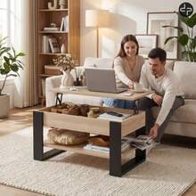 Lift-Top Coffee Table With Hidden Storage & Lower Shelf, 3-In-1 Adjustable Living Room Table,Modern Loft Industrial Design, 92 X 51 Cm - Sonoma Oak + Black - View 4